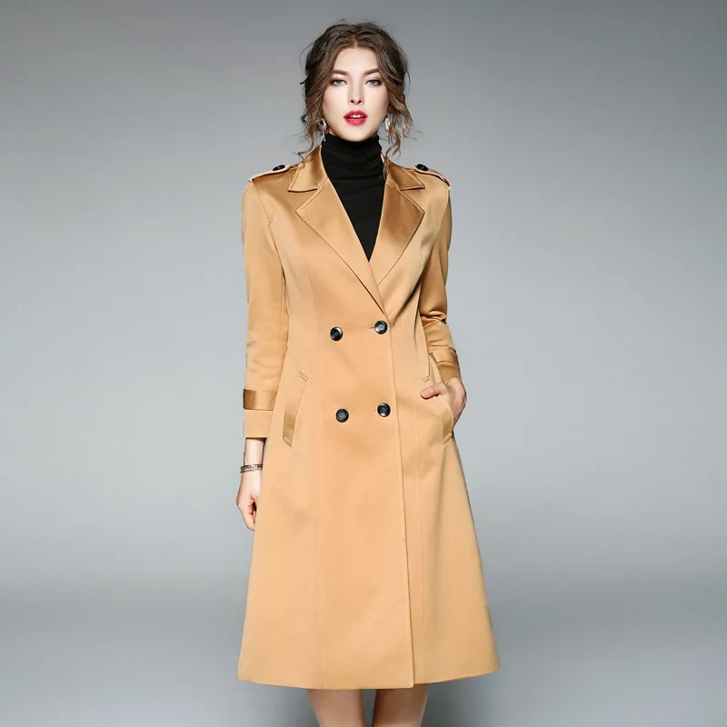 khaki long trench coat women autumn winter double breasted plus size