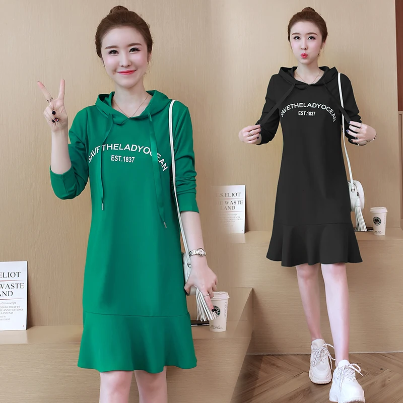 

womens big plus Hoodies dress L-5XL XXL XXXL 3XL XXXXL 4XL green black blouse autumn spring clothes slim Casual Letter dresses