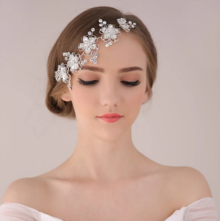 Fashion sparkly crystal flower hairband soft chain bridal hair forehead