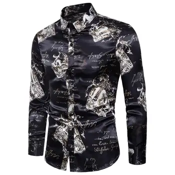 

Men Dance Prom Silk Like Satin Slim Long Sleeve Turn Down Collar Buttons Shirt