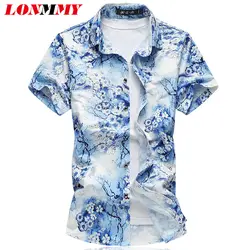 LONMMY плюс размер M-7XL цветочный шелковые мужские рубашки мерсеризованный хлопок chemise homme рубашка с цветами мужские короткие рукава мужские