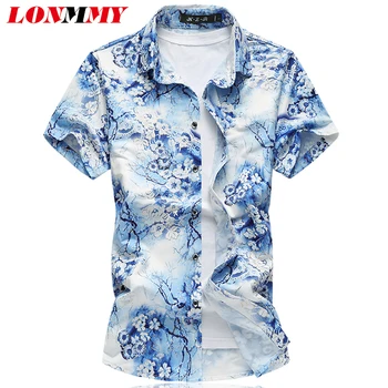 

LONMMY PLUS SIZE M-7XL Floral mens silk shirt Mercerized cotton chemise homme flower shirt men Short sleeves mens dress shirts