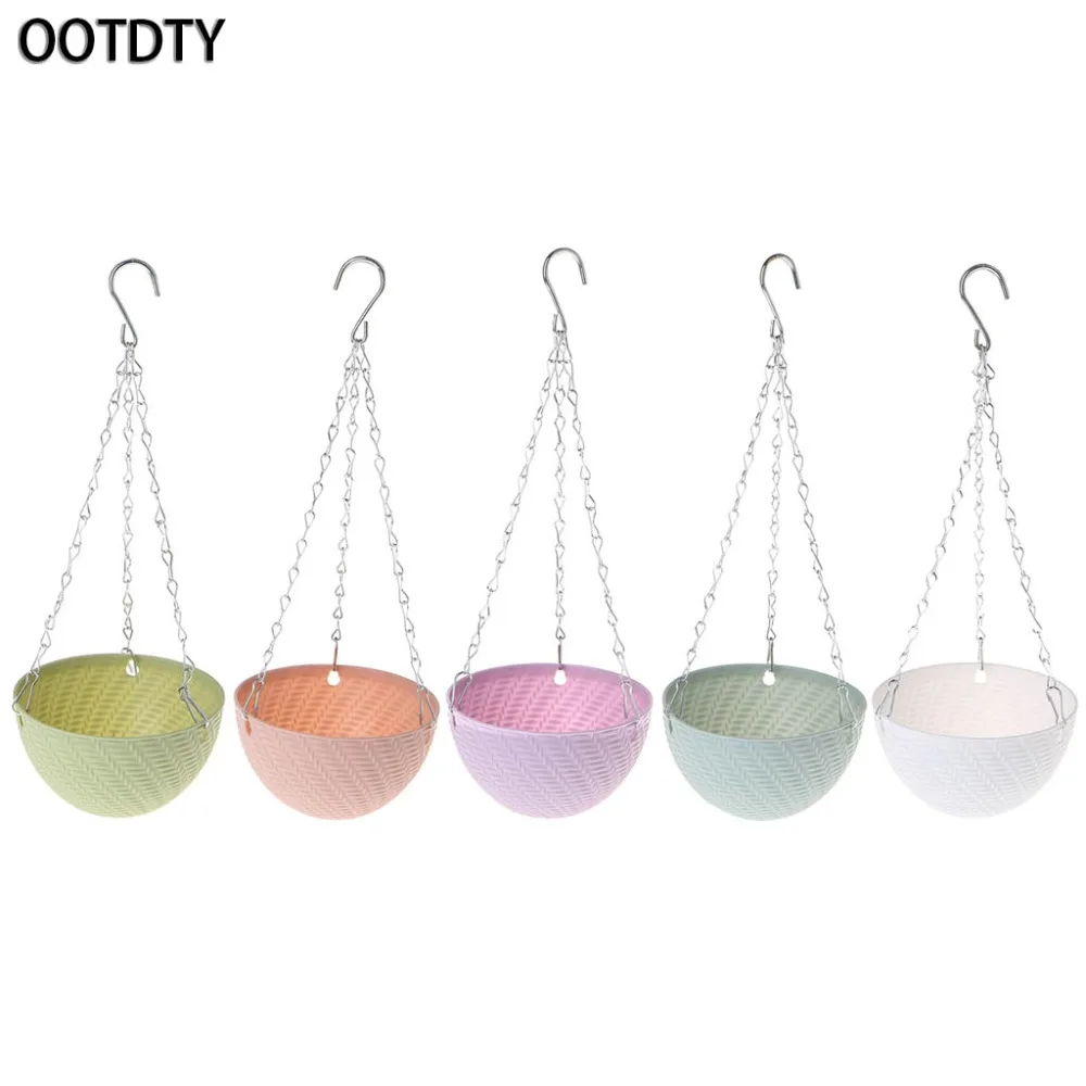 

OOTDTY Round Plastic Hanging Basket Flower Pot 16x10cm Garden Plant Chain Planters Decoration