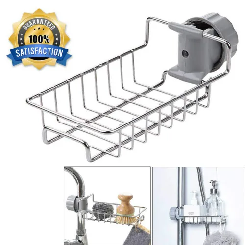 

Kitchen Faucet Sponge Holder, Sink Organizer Drainer Caddy for Dishwashing Accessories, Stainless Steel Faucet Storage Rack Hang