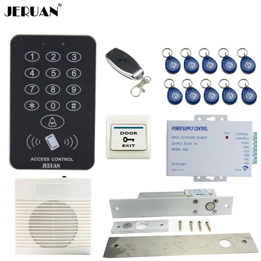 Best Price JERUAN Cool black RFID Password Access Controller system kit+White doorbell+Remote control+Exit Button+Free shipping