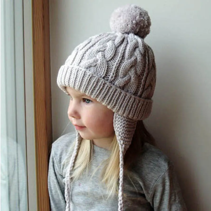 

Winter Hats For Girls Boy Thick Warm Knitted Wool Ears Beanie Cute Children Ball Cap For 2-6 Years