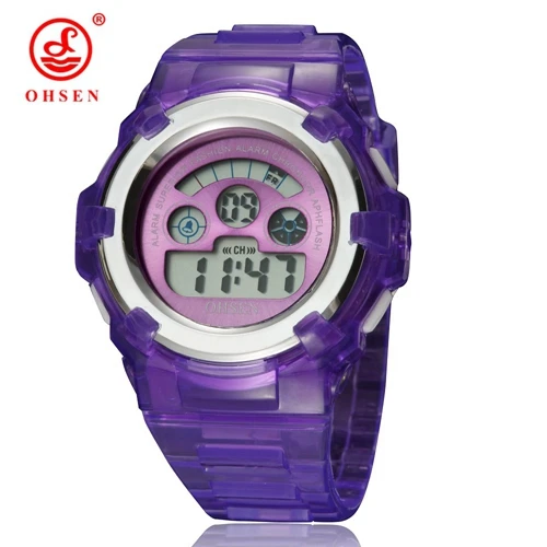 Цифровые Детские часы для мальчиков, секундомер, Зеленый силиконовый ремешок, водонепроницаемые, для плавания, для девочек, наручные часы, 7 цветов, светодиодный, электронные, детские часы - Цвет: Purple