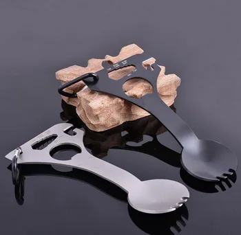 

Outdoor EDC gadgets camping tableware multi-function stainless steel spoon, fork, bottle opener, send climbing buckle