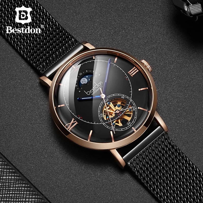 

Bestdon Tourbillon Automatic Mechanical Watch Men Switzerland Top Brand Luxury Full Steel Skeleton Moon Phase Relogio Masculino