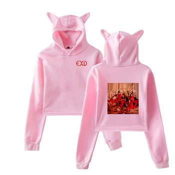 

EXID Hoodies Summer Crop Tops Kawaii Print Harajuku Cute Cat Hoodie Sweatshirts Pink Korean Style Women Hot Sale Sweatshirt
