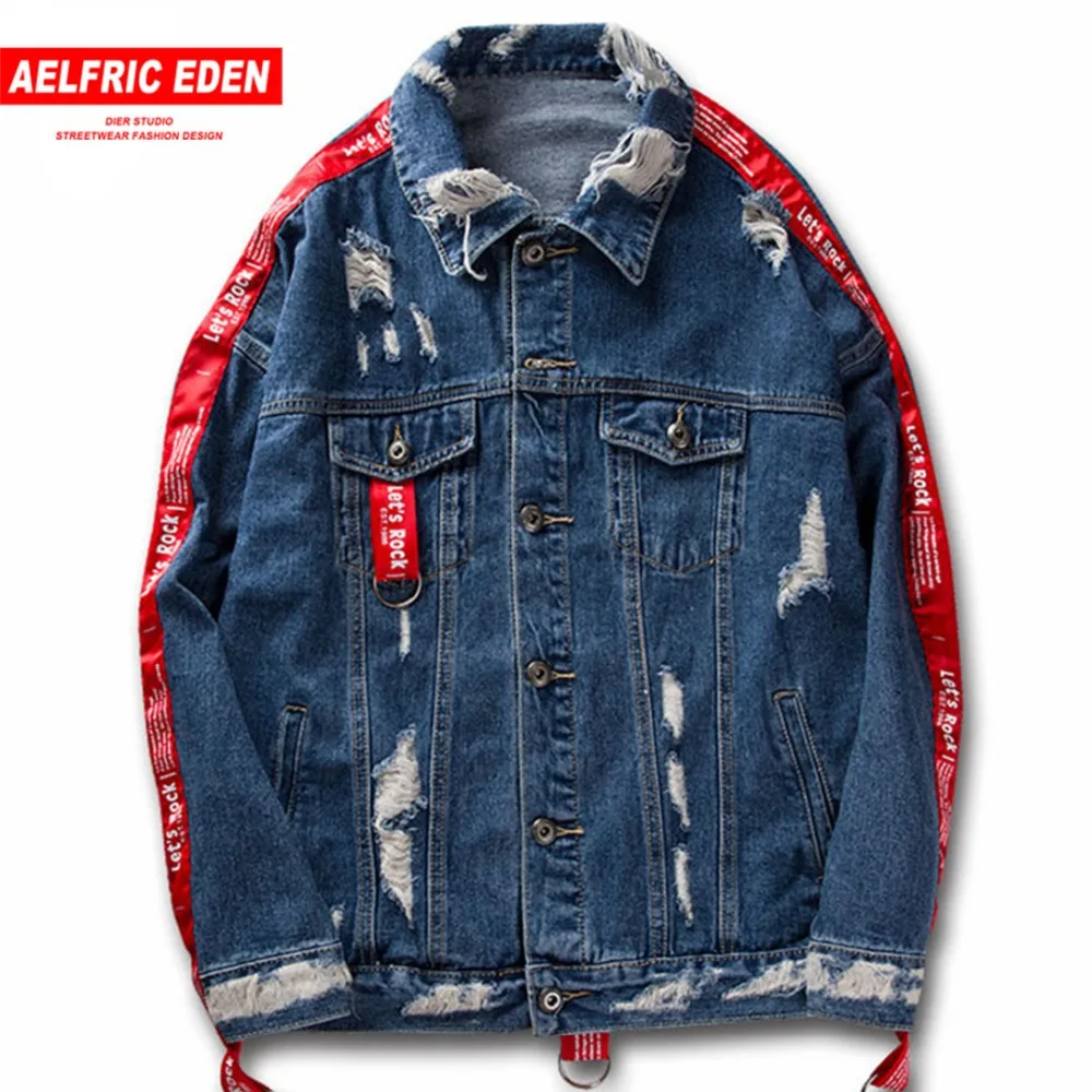 Aelfric Eden/Одежда для пар джинсовая куртка 2017 мужчин Hi street с лентами рукавами рваные