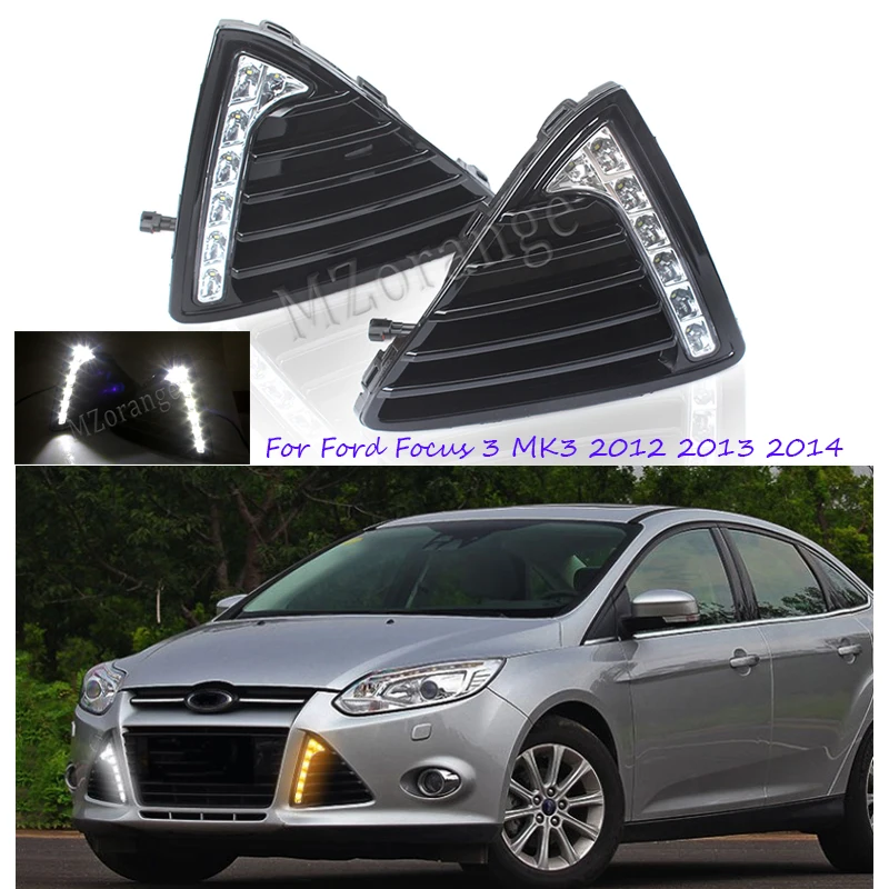 Светодиодный дневной ходовой светильник для Ford Focus 3 MK3 2012 2013 DRL автомобильный-Стайлинг Дневной светильник с желтым поворотом сигнальный светильник противотуманная фара