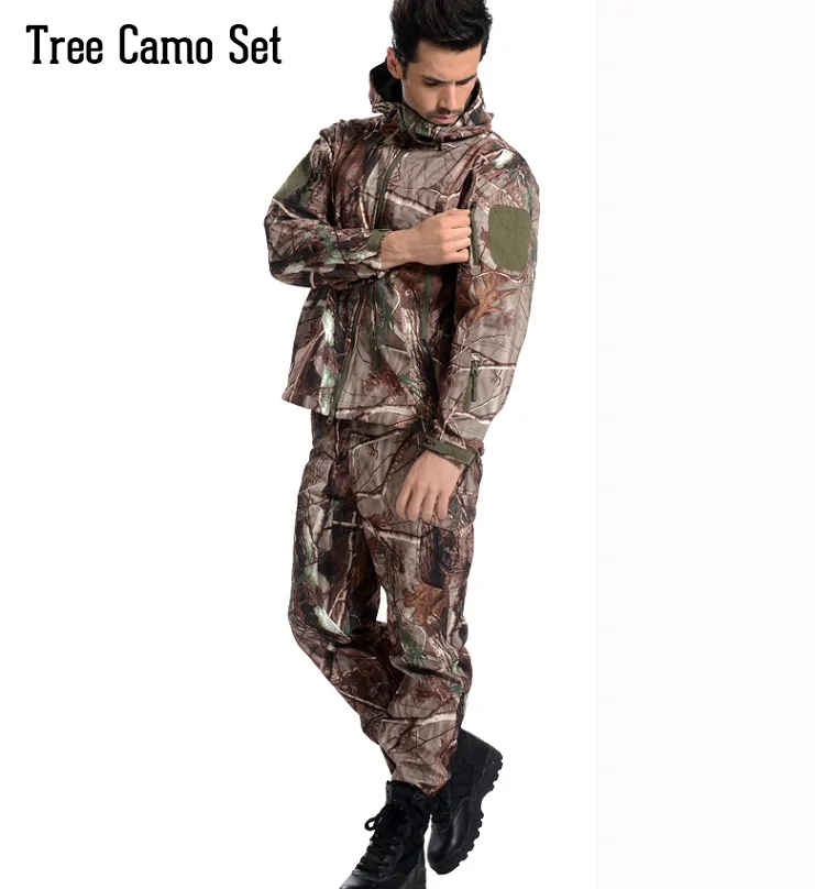 Мужской камуфляжный костюм, водонепроницаемая теплая непродуваемая куртка и брюки из софтшелла, флисовый комплект одежды - Цвет: Camo Tree