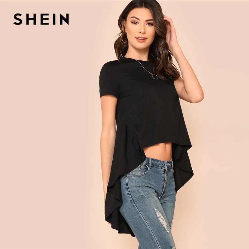 Buy SHEIN Black High Low Solid Tee Women Plain Round