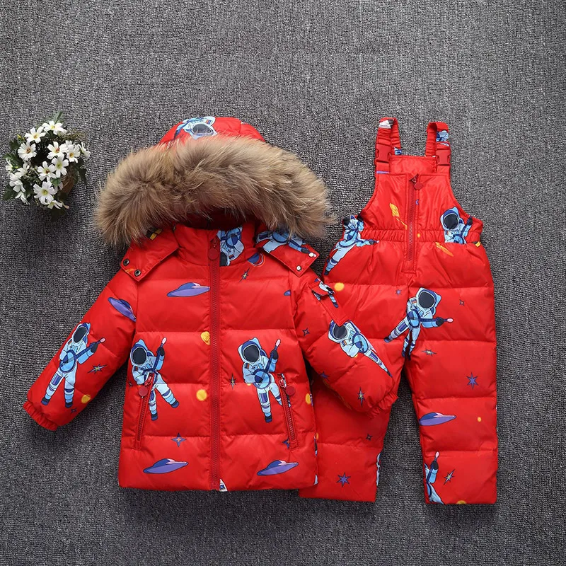 30 Degrees Winter Children Down Jacket Clothing Sets Furry Collar Girls Down Jackets+ Overalls Kids Warm Suit For Boys