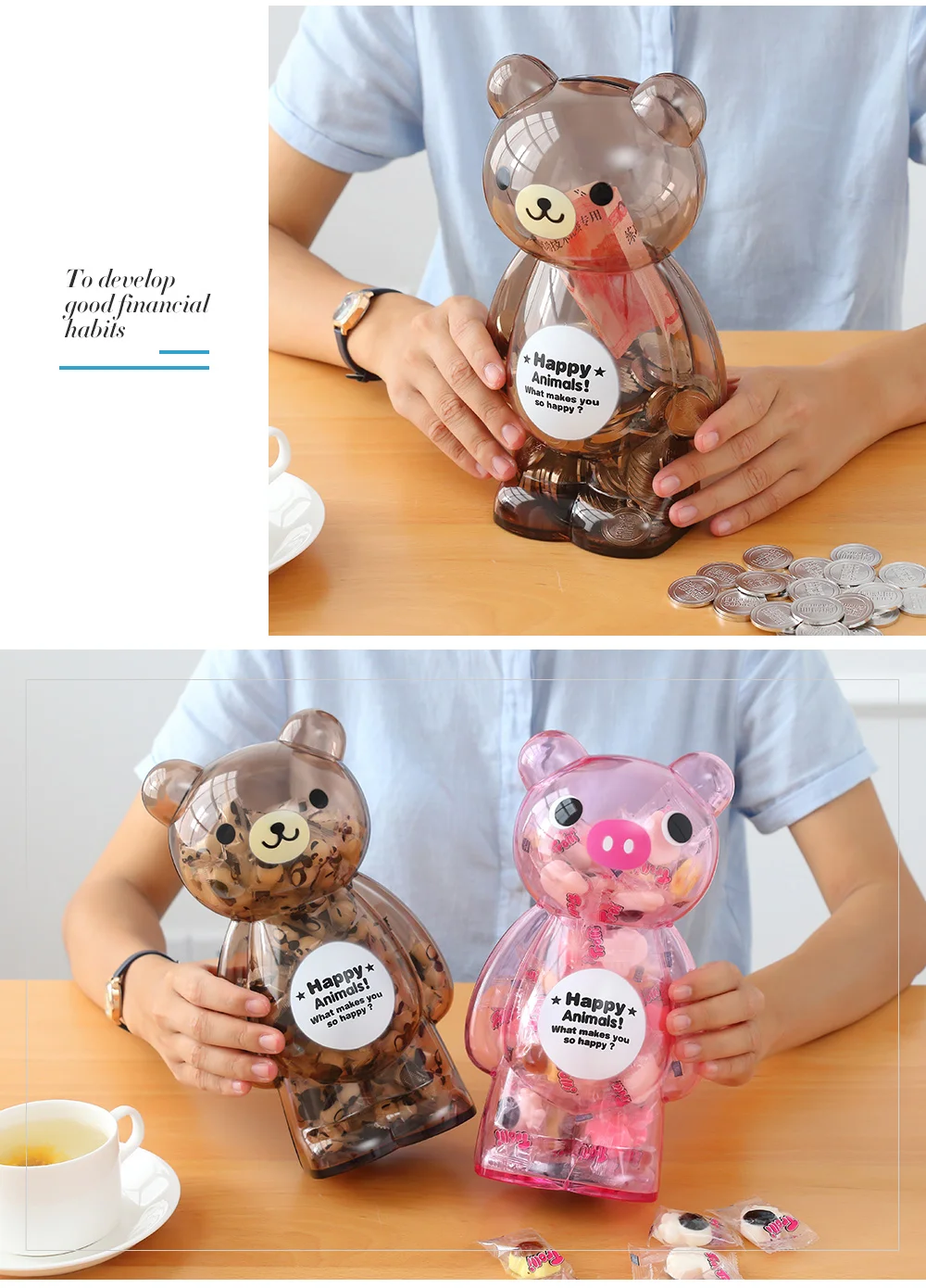 Bear Money Box Plastic Coin Saving Piggy Bank Transparent Candy Storage Safe Box Child Kids Cash for Deposit Home Decor AP0728