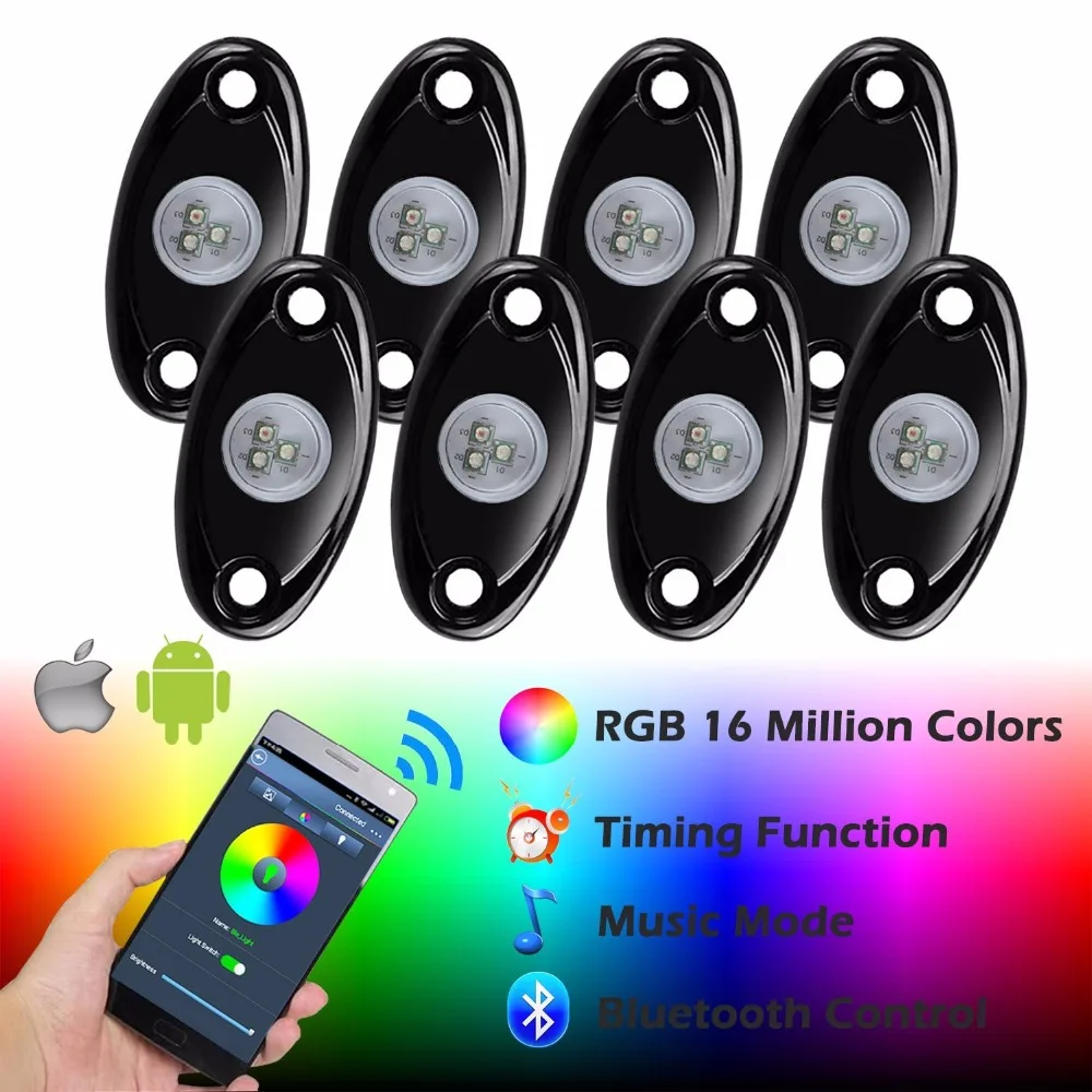 

2018 new 8 Pods RGB LED Rock Lights Kit with Bluetooth Controller ,Timing Function, Music Mode For Jeep wrangler Harley Cars ATV