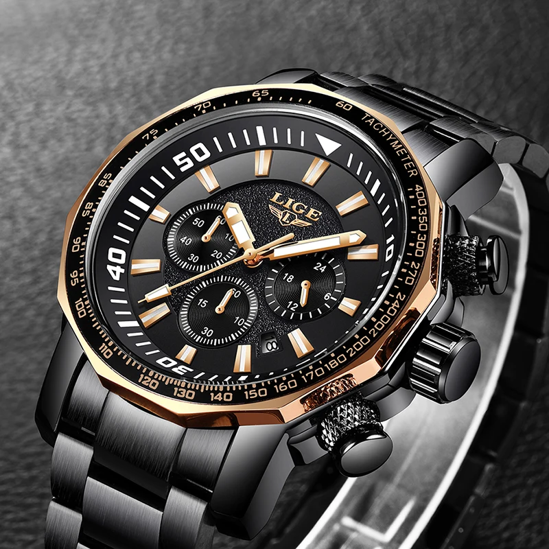 LIGE Top Luxury Brand Mens Waterproof Quartz Watches Business Big Dial Fashion Casual Sprot Full Black Men Wristwatch