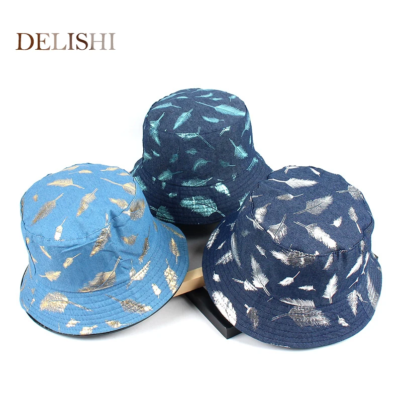 

2018 new feather Bucket Hats female tide wild double-sided wear top hat men's casual couple sun visor wholesale