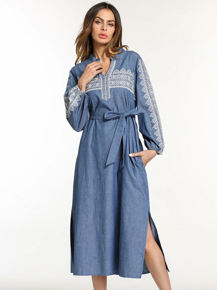 

New Vintage Embroidered Denim Dress Casual Fashion Lantern sleeve Loose Elegant Jeans Long Dresses Vestidos