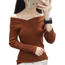 2018 Autumn winter fashion women tops cross V neck tight low shoulder women sweaters and pullovers slim black sweter mujer