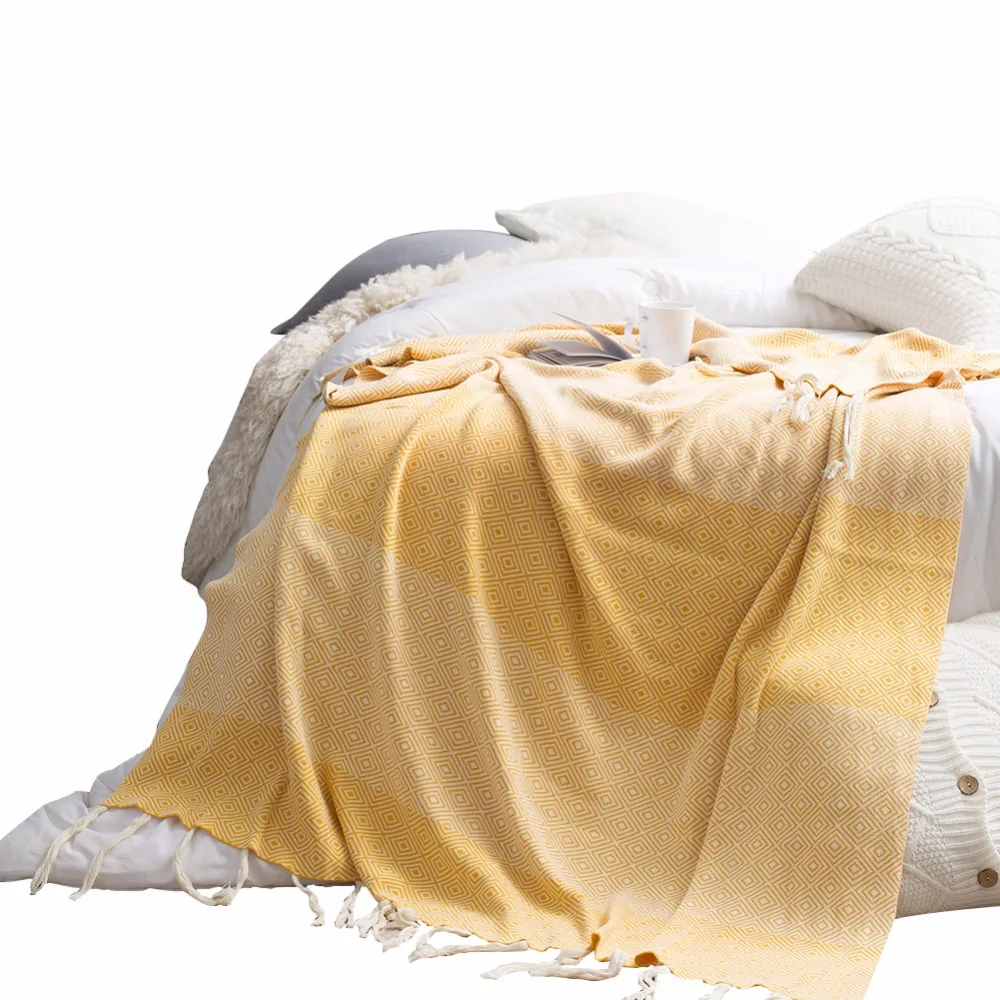 Colorful Tassel Orange Yellow Back Pattern Cotton 1PC Bed Blanket