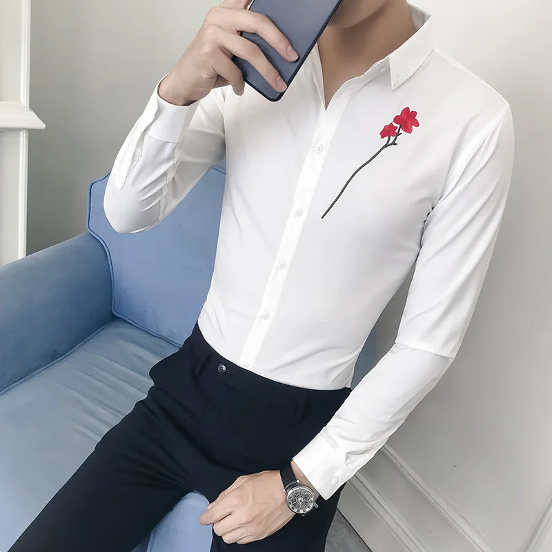 Plus Size Tuxedo Shirt Men British Style Embroidery Slim Fit Men's