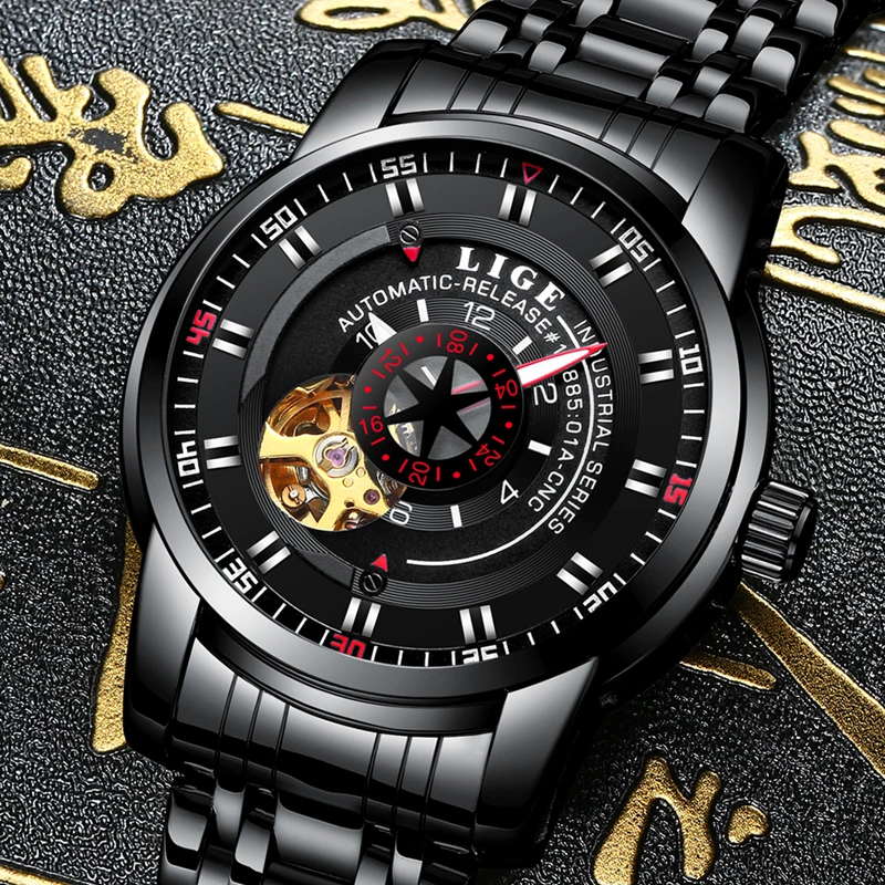 

Top Luxury Brand LIGE New Men's Fashion Business Automatic Watch Full Steel Waterproof Sport Watch Black Clock Relogio Masculino