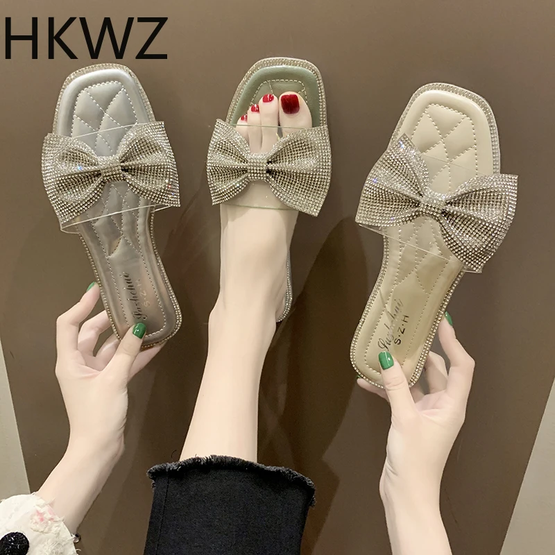 

Rhinestone ladies slippers summer fashion wear 2019 new bow soft bottom sandals transparent comfortable versatile flat slippers