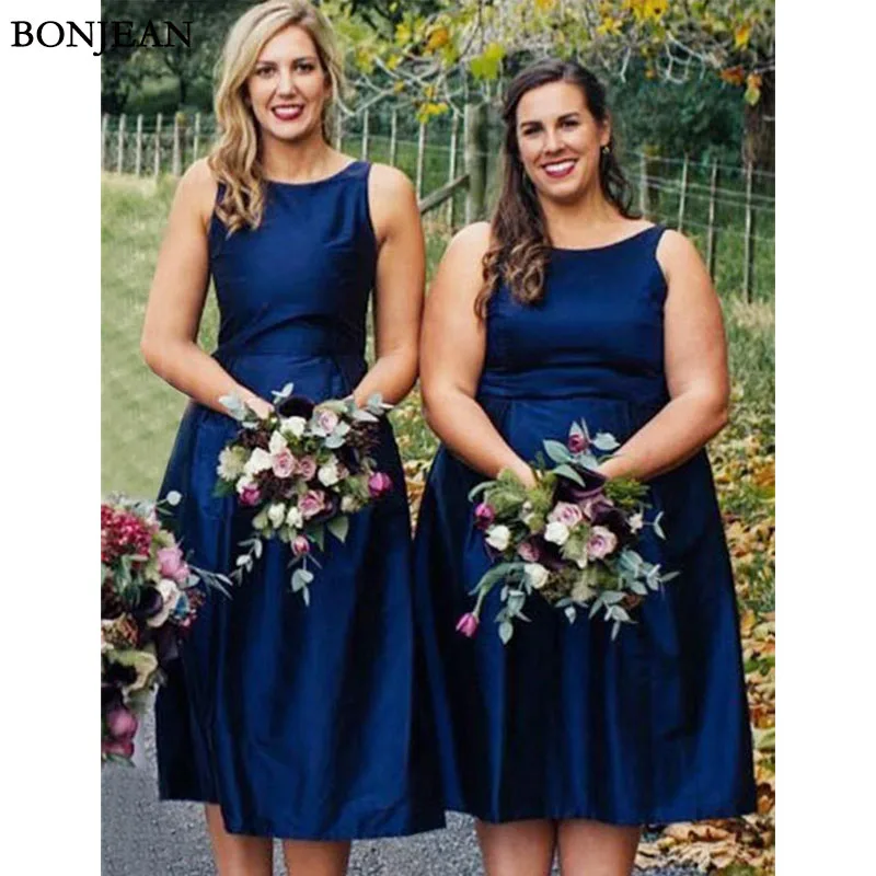 Blue Round Neck Sleeveless A Line Satin Short Bridesmaid Dresses3
