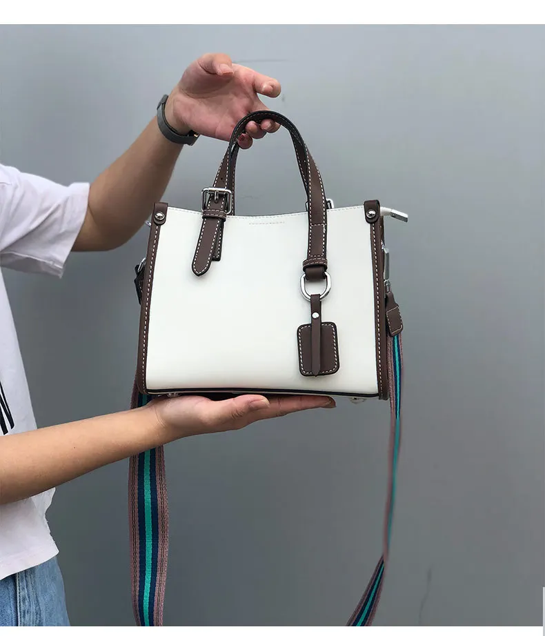 Color Blocking Daily Purse OL Business Tote Bag Genuine Leather Women's Shoulder Bag Small Top-handle Handbag