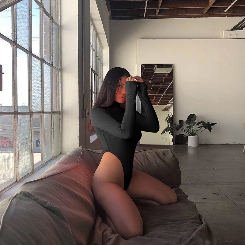 Autumn Fluorescent Turtleneck Long Sleeve Bodysuit Women 2018 Winter High Waist Bodycon Rompers Skinny Bodysuits