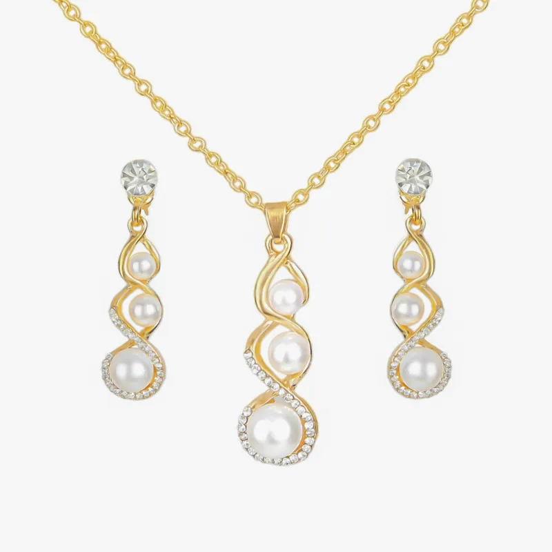 

2018 New Jewelry 8 Word Imitation Pearl Gourd Necklace Earrings Set Women's Jewelry Wholesale