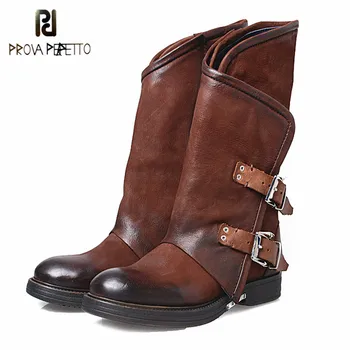 

Prova Perfetto Euramerican Design Cow Genuine Leather Patchwork Woman Chelsea Boots Fashion Thickness Bottom Buckle Strap Boots