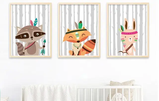Nordic Poster Nursery Prints Cartoon Painting Picture Baby Bedroom Nordic Poster Nursery Prints Cartoon Painting Picture Baby Bedroom Decoration Tribe Woodland Animal Bear Fox Wall Art Canvas