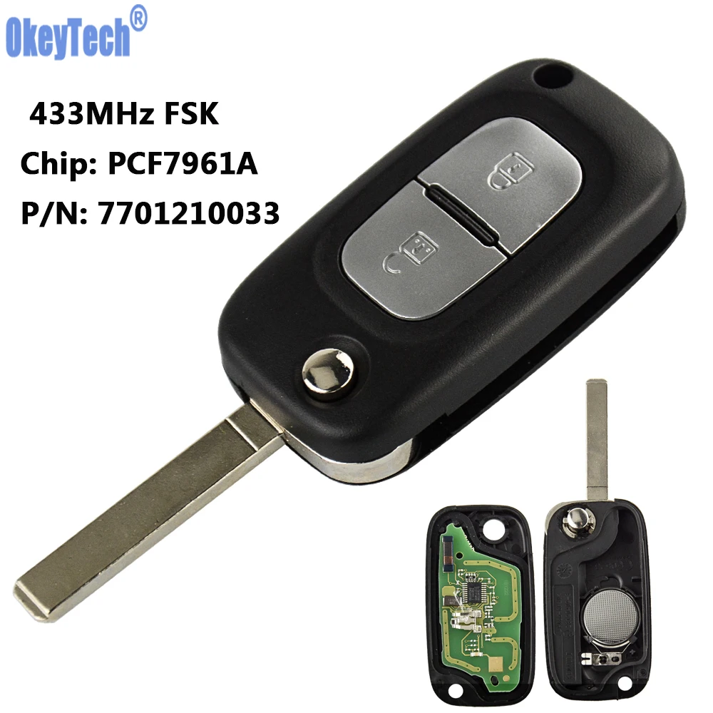 

OkeyTech Remote Flip Key 2 Buttons 433MHz PCF7961A Chip For Renault Clio III Kangoo Master Modus Twingo Part Number 7701210033