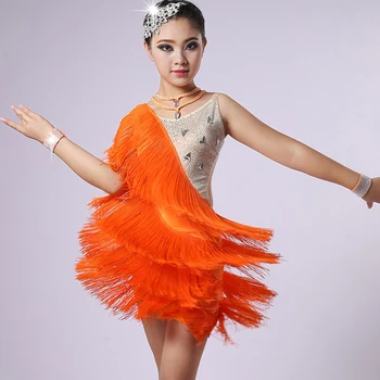 

Shiny Kids Dresses For Girls Red Fringe Dress Rhinestone Orange Dance Dress Performance Wear Ballroom Latin Dance Dress BL1663