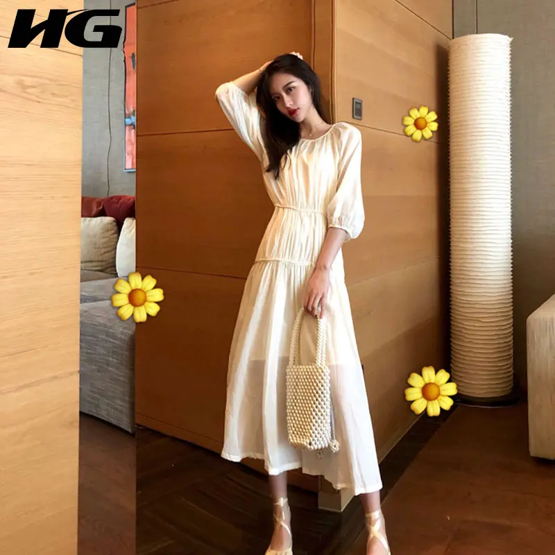 [HG] Для женщин 2019 Новые Летние Корея Мода o-образным вырезом три четверти рукав свободное платье женский сплошной Цвет Платье До Колена WBB3912