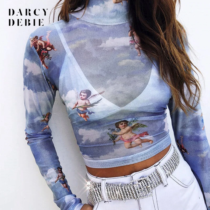 

Darcydebie mesh print women t shirts long sleeve heigh neck sexy 2019 spring summer see through t shirt crop top fashion t-shirt