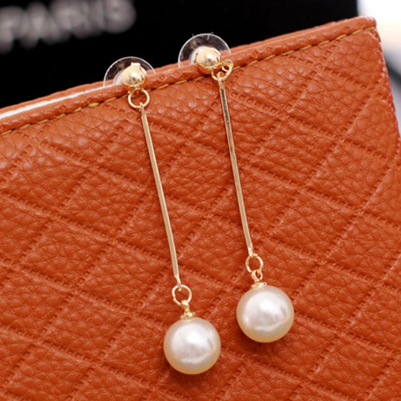 

Hot Fashion Simulated-pearl Drop Earrings Gold Long Dangle Metal Rod Statement Earrings For Women Jewelry Wholesale