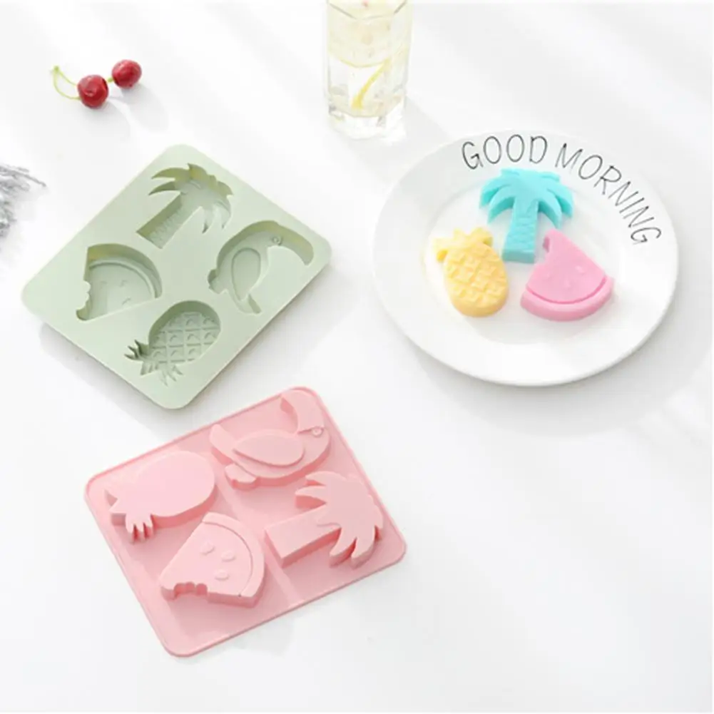 

4 Grid Silicone Cake Mould Tropical Style Coconut Tree Pineapple Fruit Ice Cube Mould Baking Tool Safe And Non-toxic