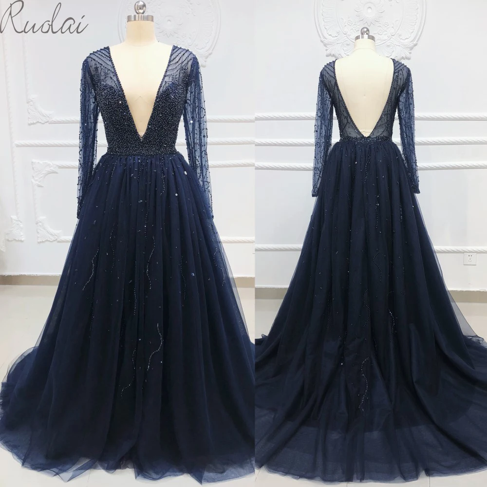 

2019 New heavy beads decoration deep v neck and back Evening Gown for Women A-Line Evening dress robe de soiree