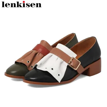

2019 hot selling retro mixed colors chunky heels buckle strap square toe pleated design genuine leather British school pumps L35