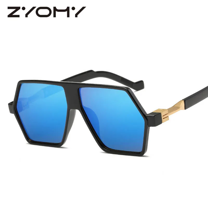 Модные многоугольные уникальные большие Светоотражающие Плоские линзы в винтажном стиле Oculos de sol дизайнерские очки ретро женские солнцезащитные очки негабаритные - Цвет линз: NO.5 black blue