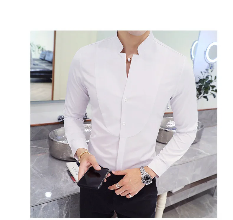 Черные, красные, белые мужские рубашки с длинным рукавом, тонкая дизайнерская рубашка для мужчин, Азиатский размер S-5XL, мужские рубашки со стоячим воротником