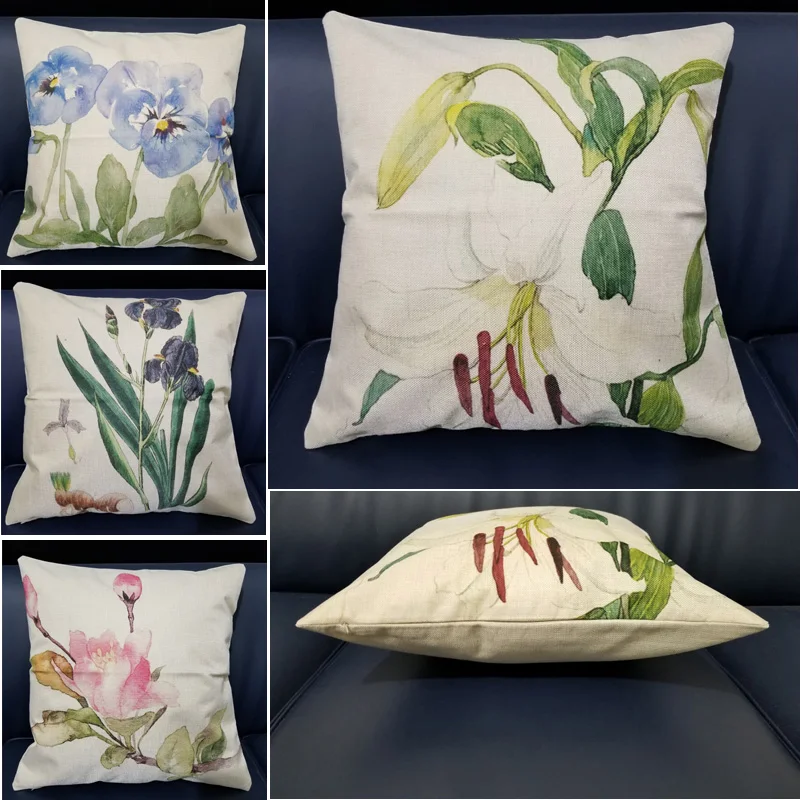 

Home Decorative Beautiful Pink Purple Flower One Side Print Cushion Cover Cotton Linen Square Pillow Case For Sofa Car Decor