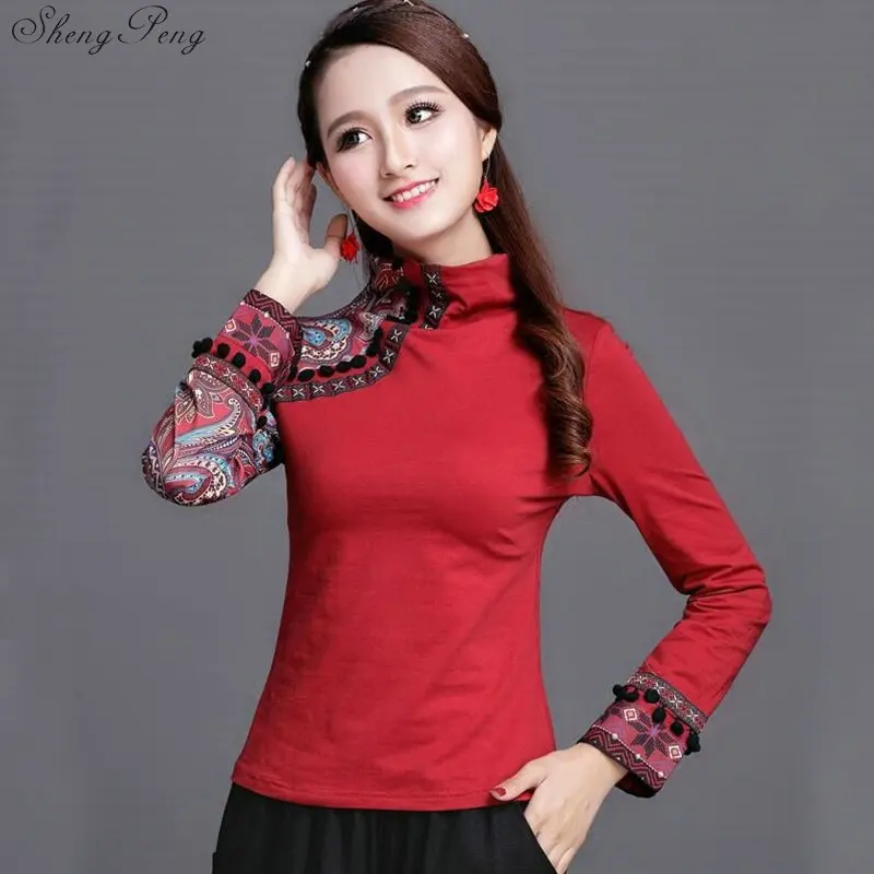Cheongsam Топ традиционная китайская одежда для женщин с длинным рукавом размера плюс 4XL рубашка хлопковая винтажная одежда Топ Футболка Блузка V1114