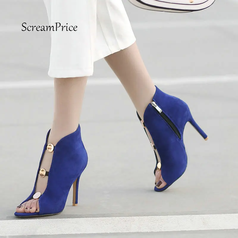 

2019 New Female High Heels Flock Gladiator Sandals Sexy Open Toe Thin High Heels Pumps Zipper Shoes Women Blue Black Gray