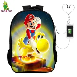 Супер Марио рюкзак ежедневно Школьные ранцы для подростков USB зарядка наушников ноутбук рюкзак Обувь для мальчиков Обувь для девочек