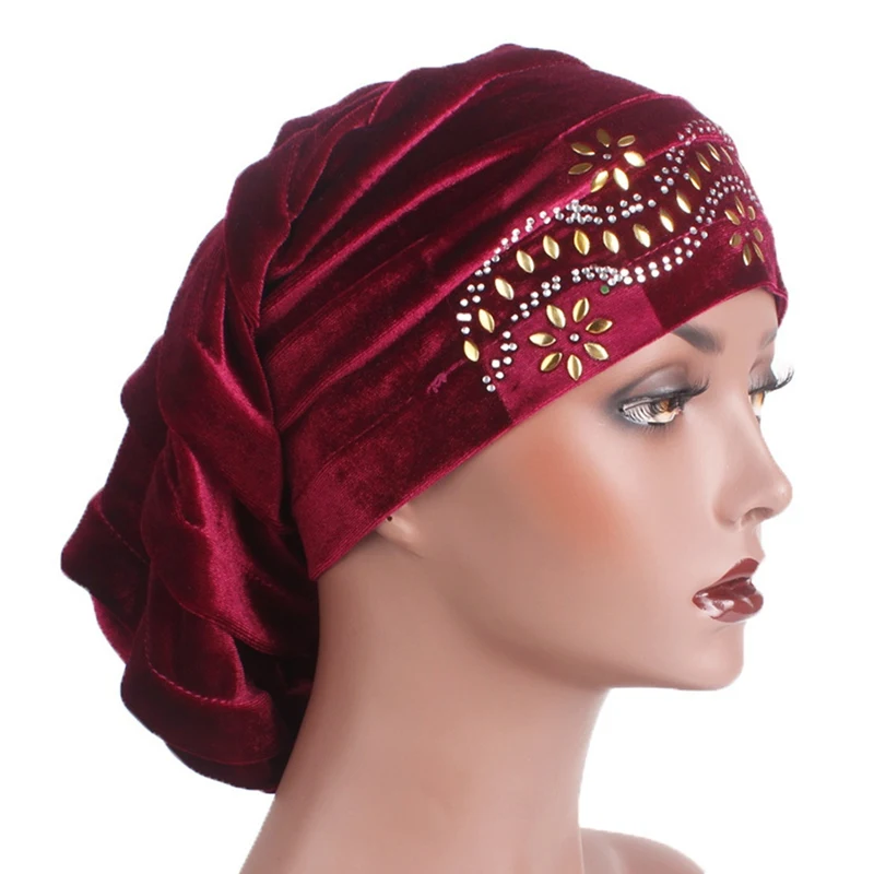 Velvet Big Rhinestone Woman Hijabs Turban Head Cap Hat Beanie Ladies Hair Accessories Muslim Scarf Cap Sleeping Hat